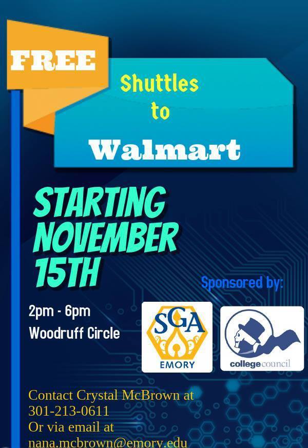 EmorySGA's tweet photo. SGA and College Council are providing free shuttles to Walmart this Saturday from 2 to 6 PM! #sga #emory http://t.co/TYtop09bWO
