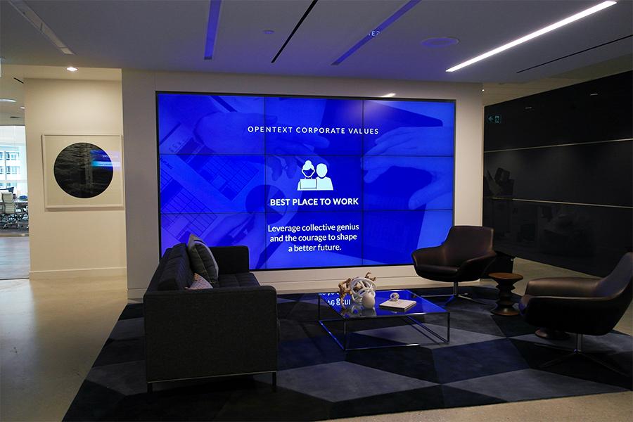 Gridcast's tweet photo. Photos of the #digitalsignage we implemented for @OpenText's new corporate office in Toronto. http://t.co/WcjKJsYjL6