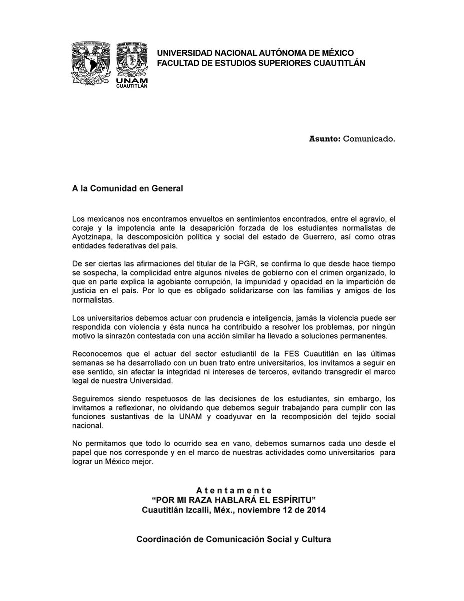 FESC_UNAM's tweet photo. A la comunidad universitaria #comunicado #fesc2014 http://t.co/IRsyTPkwGf