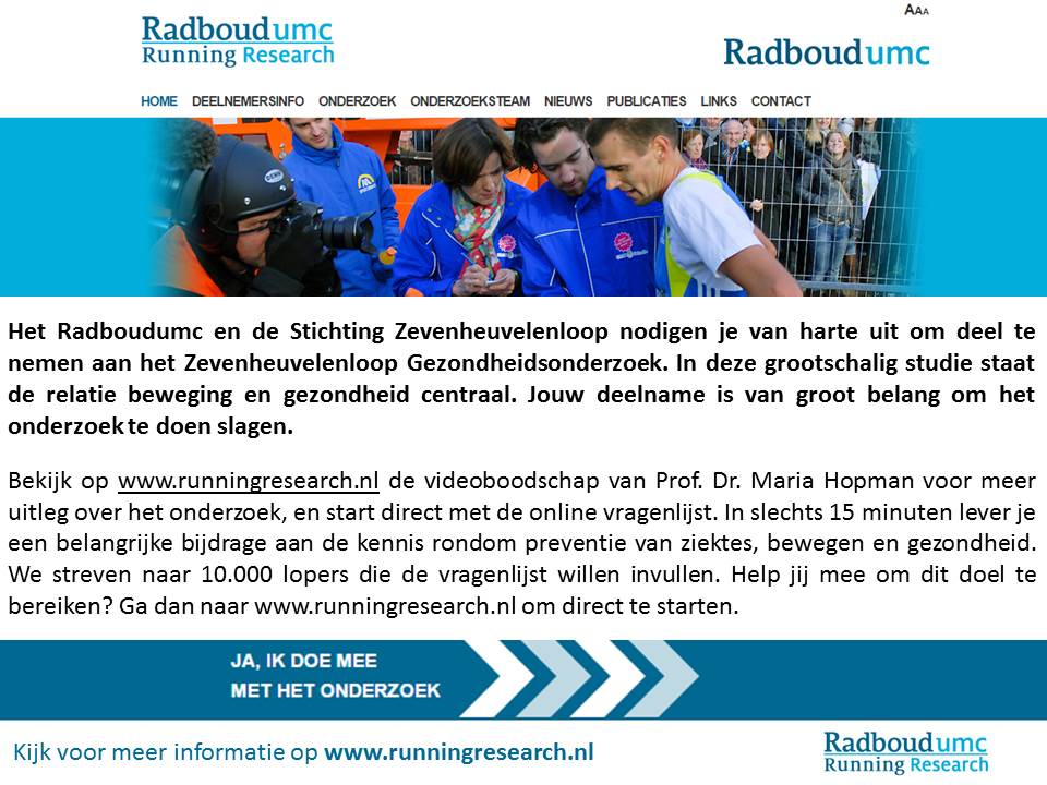ThijsEijsvogels's tweet photo. Het is nog steeds mogelijk om aan het @Radboudumc @7Hloop Gezondheidsonderzoek mee te doen via http://t.co/nsEFyfP55u http://t.co/oc8sJZgHon