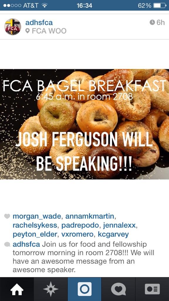 morgan_wade8's tweet photo. Bring yo friends to FCA tomorrow morning! #bagels #joshferguson http://t.co/rRJif9KDaj