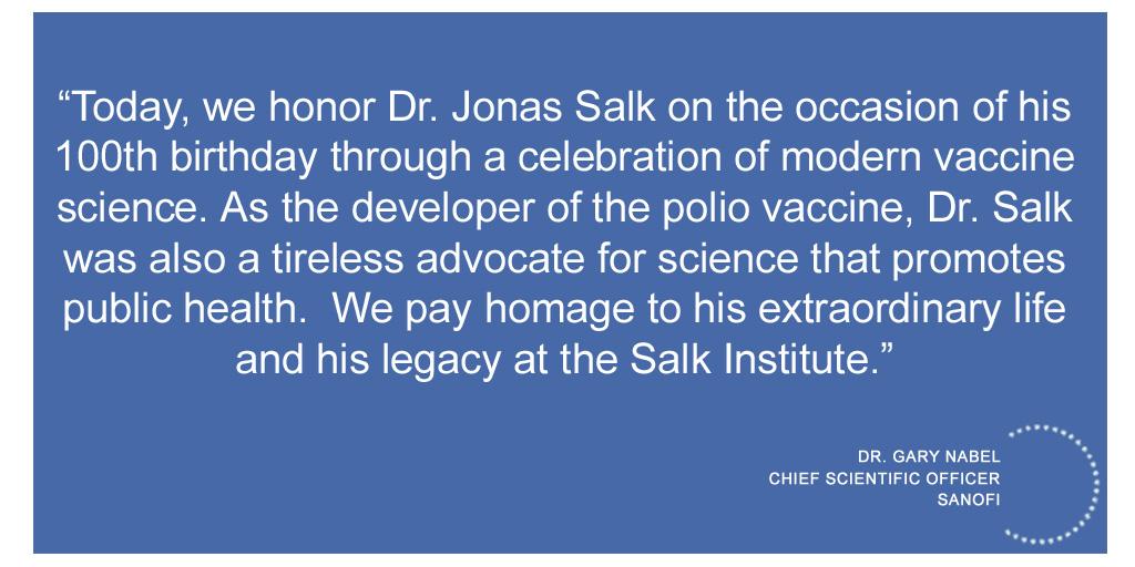 Sanofi's Chief Scientific Officer, Dr. Gary Nabel, pays homage to Jonas Salk, developer of the #polio vaccine.