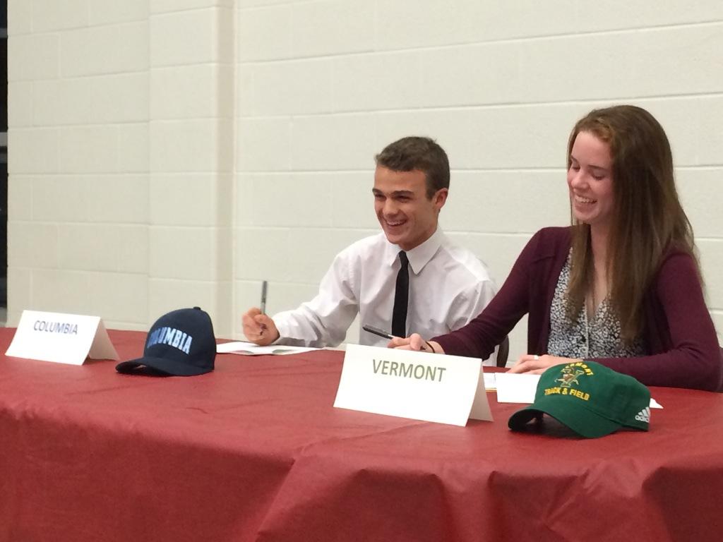 ESPNIthaca's tweet photo. .@IthacaLilRed XC standouts Dan Dracup (Columbia) &amp; Lauren Trumble (Vermont) sign their NLI. #SectionIV @NYSPHSAA http://t.co/VHuzJWcfOx