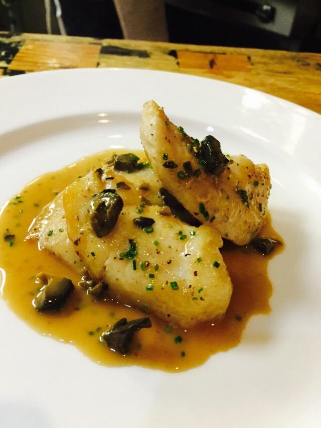 pvroman's tweet photo. Halibut Cheek, Pickled Walnuts, Brown Butter. Thank you @KevGrattonchef @MarkEHix for the walnuts! #2moves http://t.co/C9SniESjuo