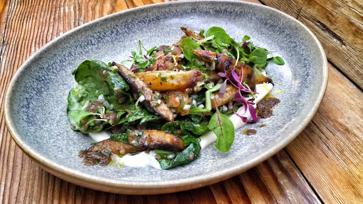 New Dish! Roasted Salsify, grilled portobello, spinach, balsamic &amp; pistachio! #foodporn #foodie #vegetarian #vegan