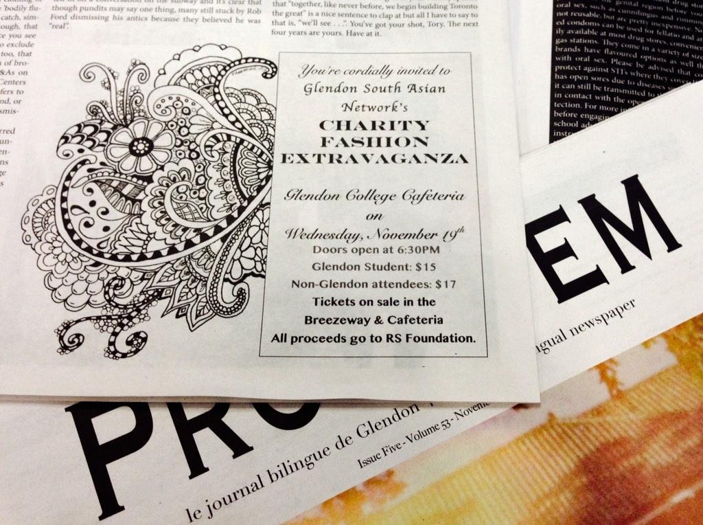 glendonsan1's tweet photo. Check out @ProtemGL for your invitation to our Charity Fashion Extravaganza this Wednesday at @GlendonCampus #Glendon http://t.co/eA9og2RCnp
