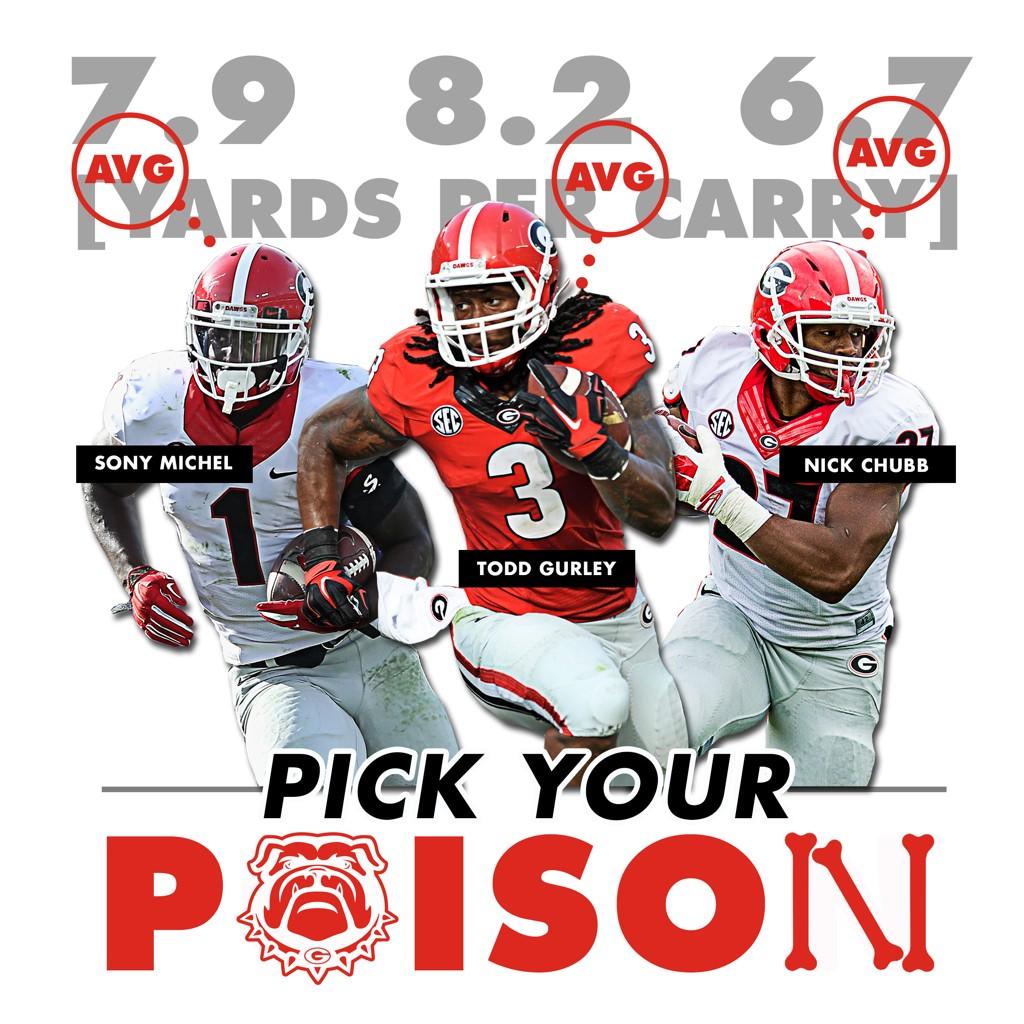 GeorgiaFootball's tweet photo. #1 #3 &amp; #27 are averaging 7.6 yards per carry. 

Pick Your Poison. http://t.co/7X3UGrAFMj