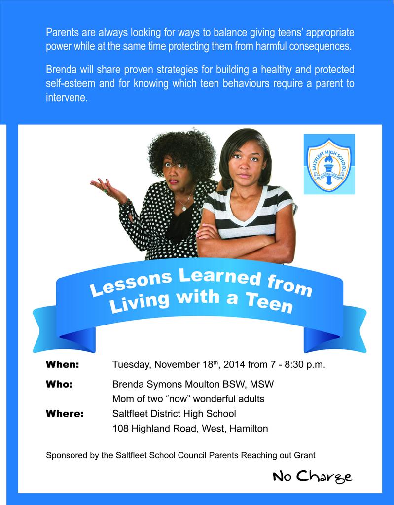 DarletteS's tweet photo. Tues Nov 18 @SaltfleetStorm 7 pm. "Lessons Learned from Living With a Teen".  No charge! http://t.co/yhYZ9gAgsv