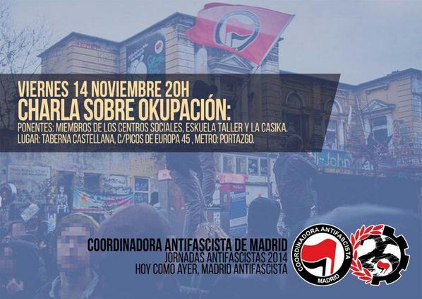 AntifaCiempo's tweet photo. Charla sobre okupación hoy a las 20h en la Taberna Castellana con @CSOlaCasiKa y @CSOSkuelaTaller. #JJAA2014 http://t.co/YdVW2MAj6D