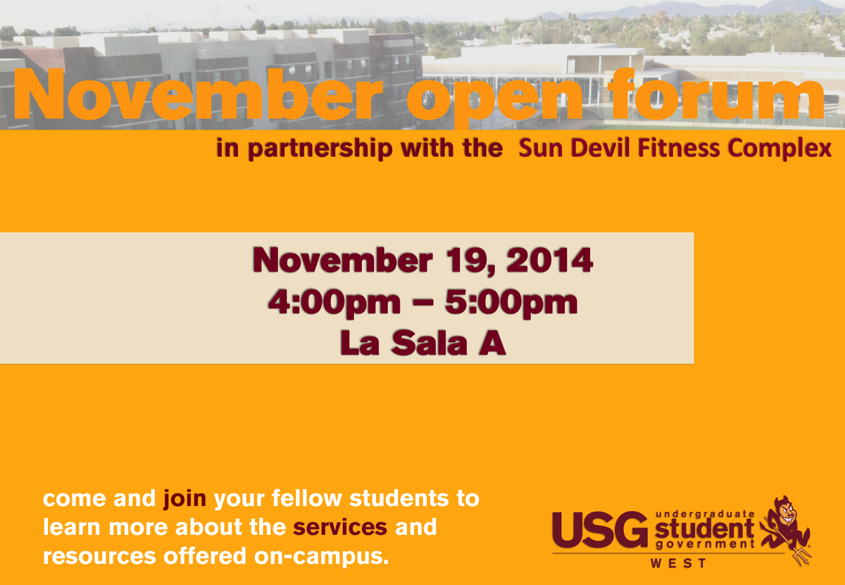 ASU_USGW's tweet photo. Questions about SDFC, etc.? Come an join us in our last Open Forum for this semester. http://t.co/MzU3mIhjMe http://t.co/RHKOdpe13H
