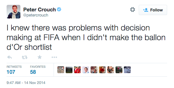 FootballFunnys's tweet photo. Peter Crouch knew FIFA was corrupt all along! http://t.co/D8EE1rUjPi