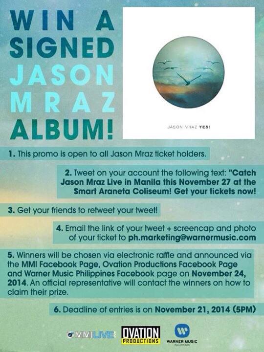 ovationprod's tweet photo. We know that you won't give up on Jason Mraz!
Get a chance to win a SIGNED album or a Soundcheck Party pass!👍 http://t.co/QE8xyGESuw