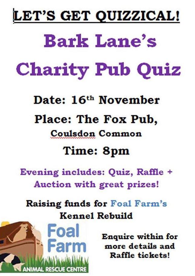 BarkLaneSalon's tweet photo. It's getting closer! Bark Lanes pub quiz this Sunday at the @FoxCoulsdon! Raising funds for @Foal_Farm! Come along! http://t.co/dS8RGBl7a7