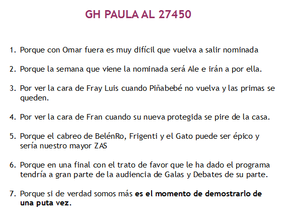 SobrevivirAGH's tweet photo. Cuando alguien tiene un fandom loco hay que votarle con locura, recordemos por qué hay que enviar GH PAULA AL 27450 http://t.co/YhE2uaVqeE