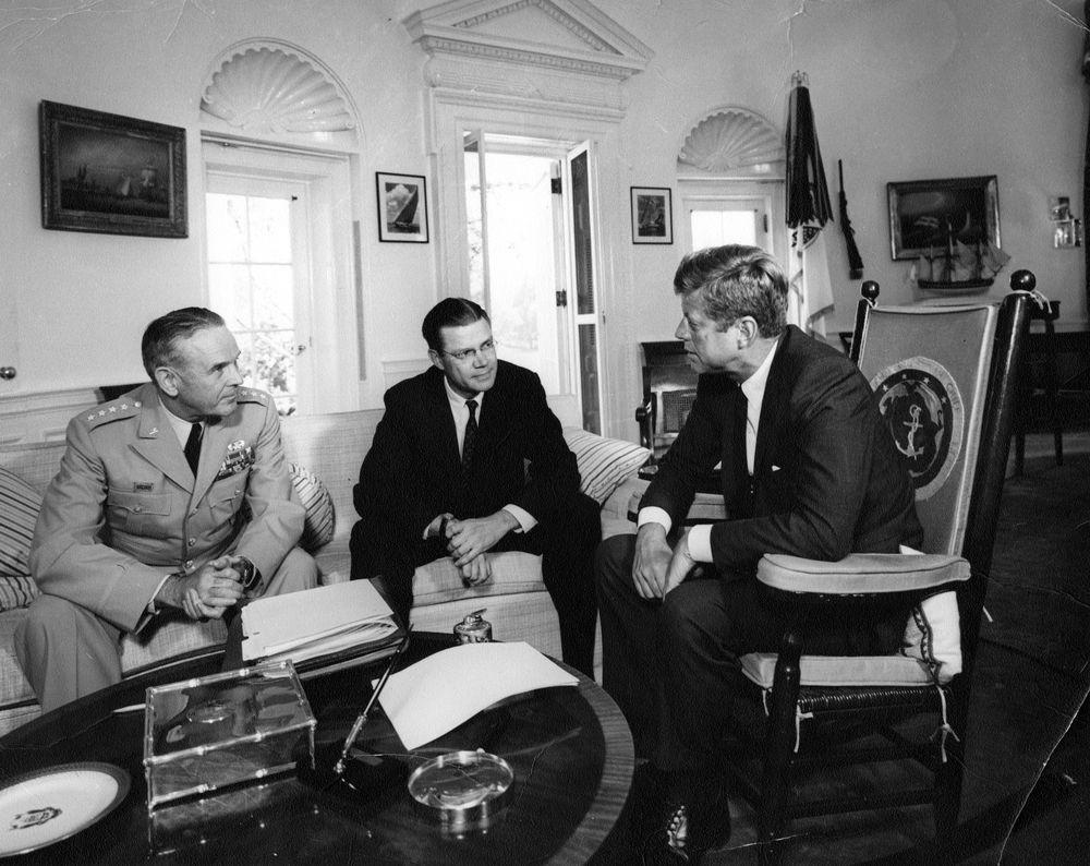 RealTimeJFK's tweet image. From Oct. 2, 1963: Kennedy meets with SecDef McNamara and Chairman of the Joint Chiefs of Staff Gen. Taylor.