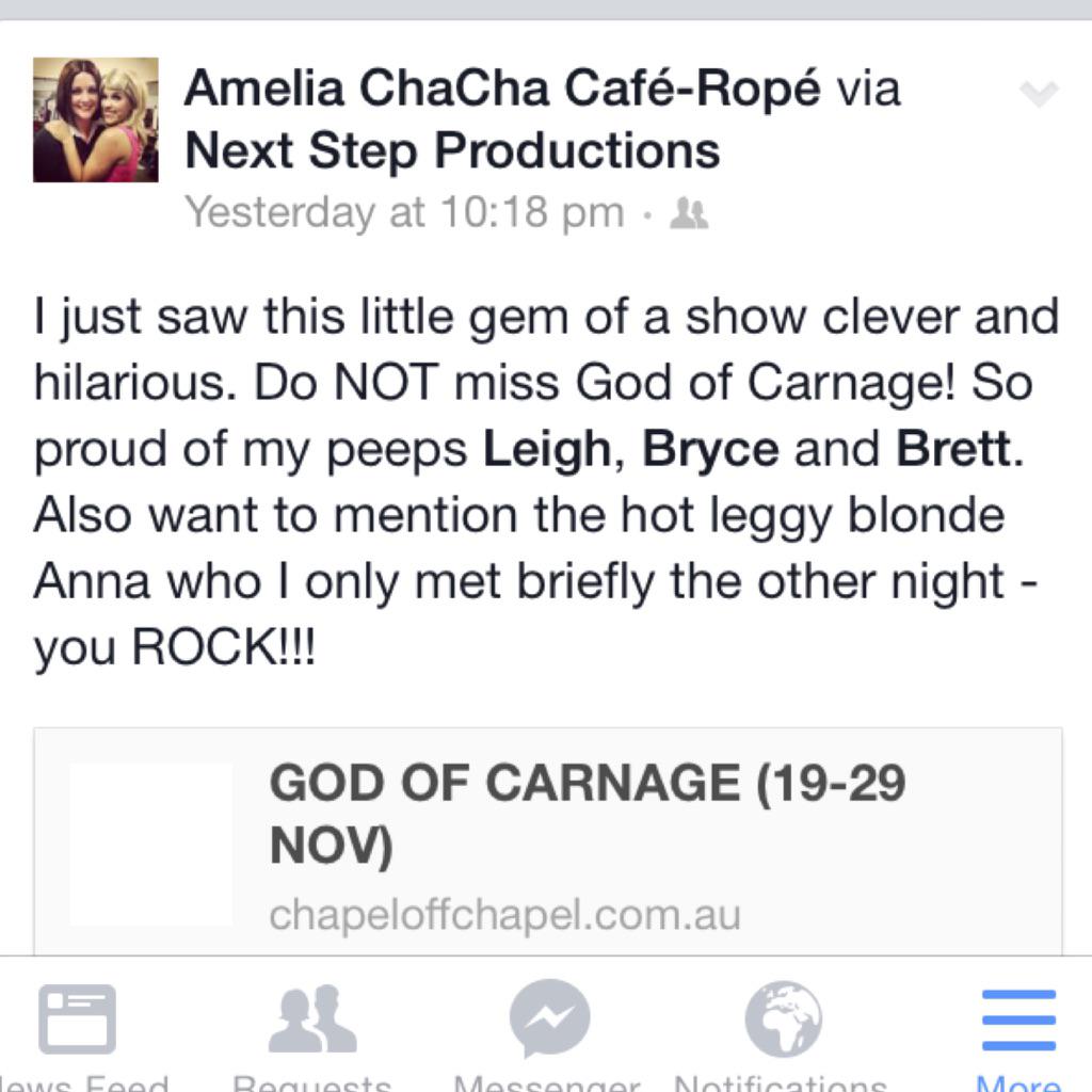 NEXTSTEPPRODUCT's tweet photo. Some amazing words on our show God of Carnage #nextstepproductions #chapeloffchapel #Melbourne http://t.co/fbpWWc2FV9