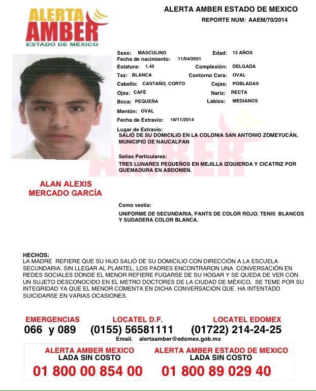 Ratn12's tweet photo. @ApoyoVial   Difunde por favor #AlertaAmber  Alan Alexis Mercado García. #Naucalpan #EdoMéx http://t.co/xrwOYTfTnI
