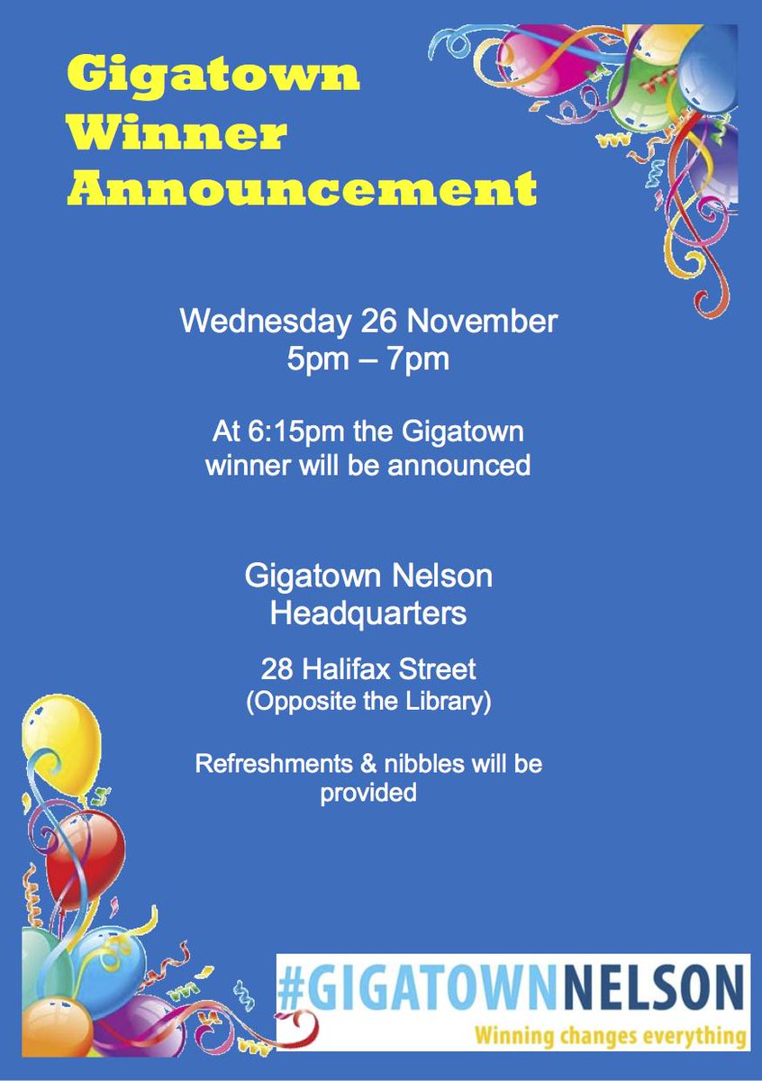 NelsonNDFS's tweet photo. Hear Chorus announcement of Gigatown Winner together w fellow #GigatownNSN campaigners this Wed at 5pm in our HQ http://t.co/65gmYCDi0i