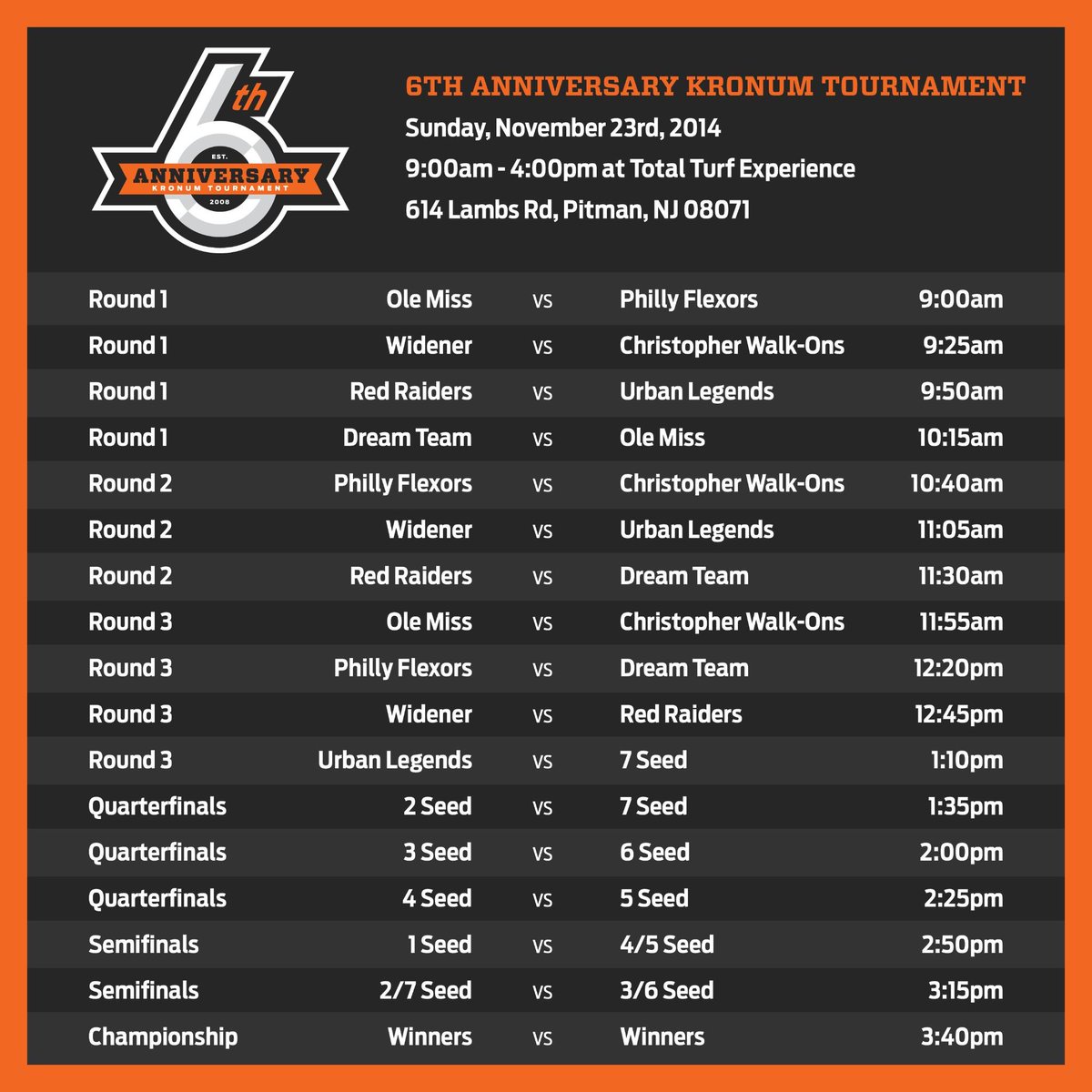 KronumRecLeague's tweet photo. Here's a look at the 6th Anniversary #Kronum Tournament Schedule! http://t.co/ZfkTzAVZkY