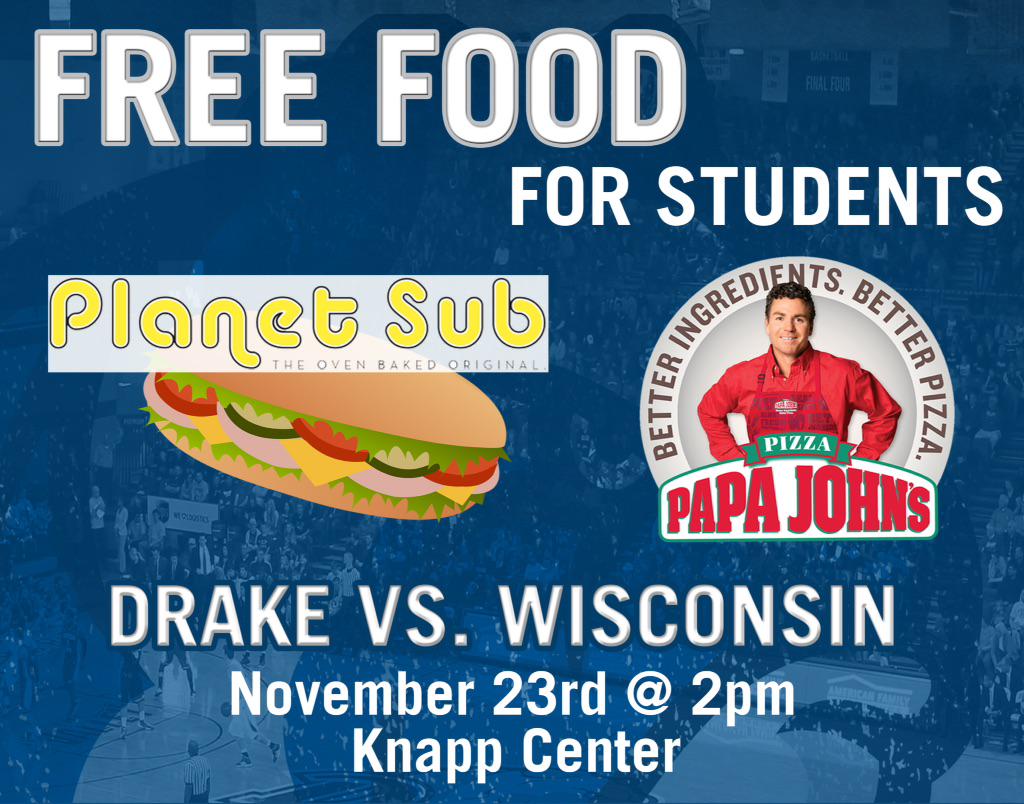 DrakeWBB's tweet photo. It's going to be a good time!  @DrakeUniversity students come get free pizza &amp; subs! #AllAboutThatDrake http://t.co/hdoavu745s