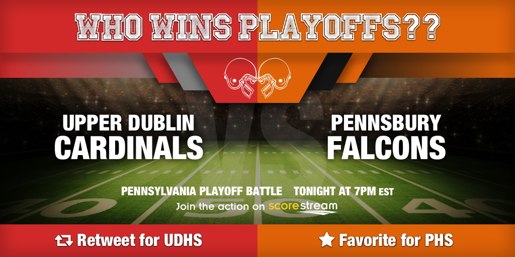 ScoreStreamZach's tweet photo. Who wins??
Retweet for Upper Dublin (@UpperDublinFB)
Favorite for Pennsbury (@pennsburyfb)
http://t.co/Geb1tNDSk6 http://t.co/oz61iwrXS0