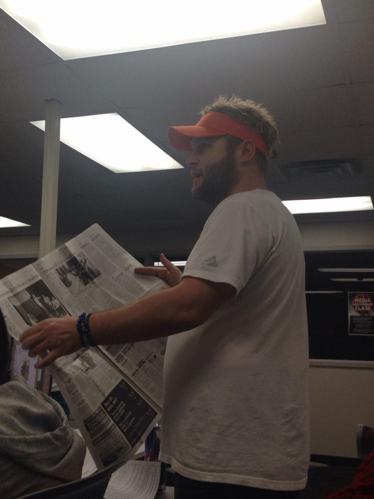 _lizzydegrand's tweet photo. We are ready for #hoco14 here at @UTAShorthorn @kenneykost rocking the "coaching hat" http://t.co/BiybA1vdWw