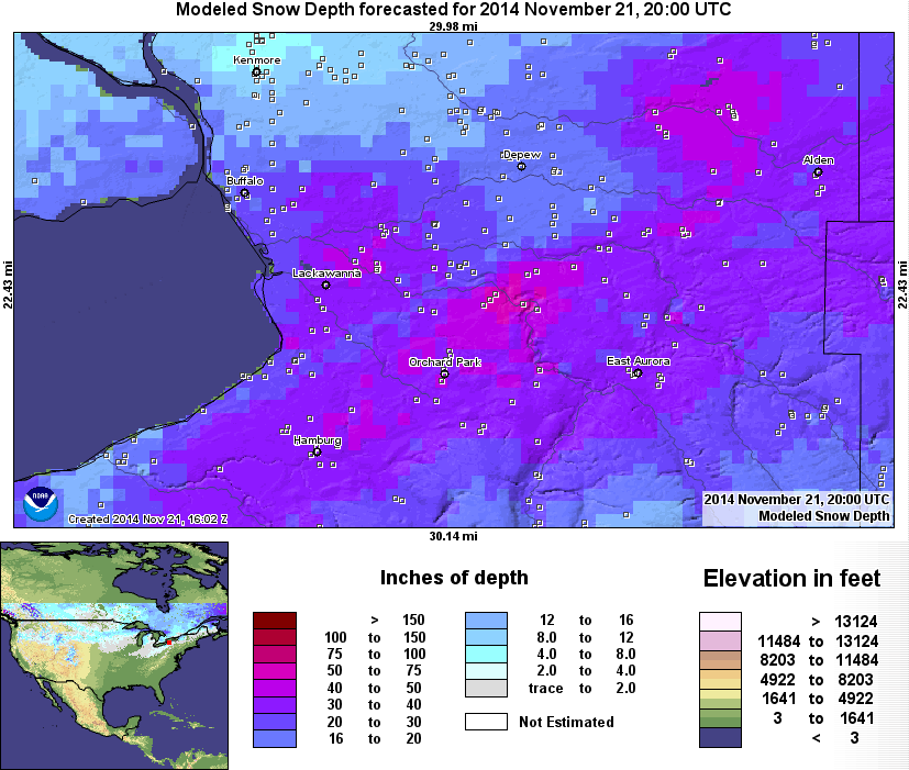 AmericanWx's tweet photo. The NOHRSC modeled snow depth shows the areas hardest hit by the Buffalo metro lake effect snow bands this week. http://t.co/EkFdOV1pLu