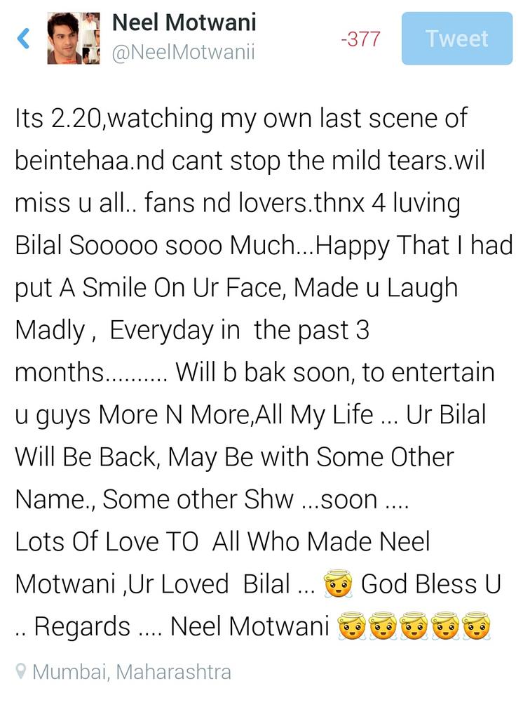 NeelMotwaniNMN's tweet photo. I knw its mid Ni8   2.30 am ...  Bt Could nt stop Myself writing this . Thnk u All For loving  Bilal aka Neel Motwani http://t.co/jBpuW1Hiaa