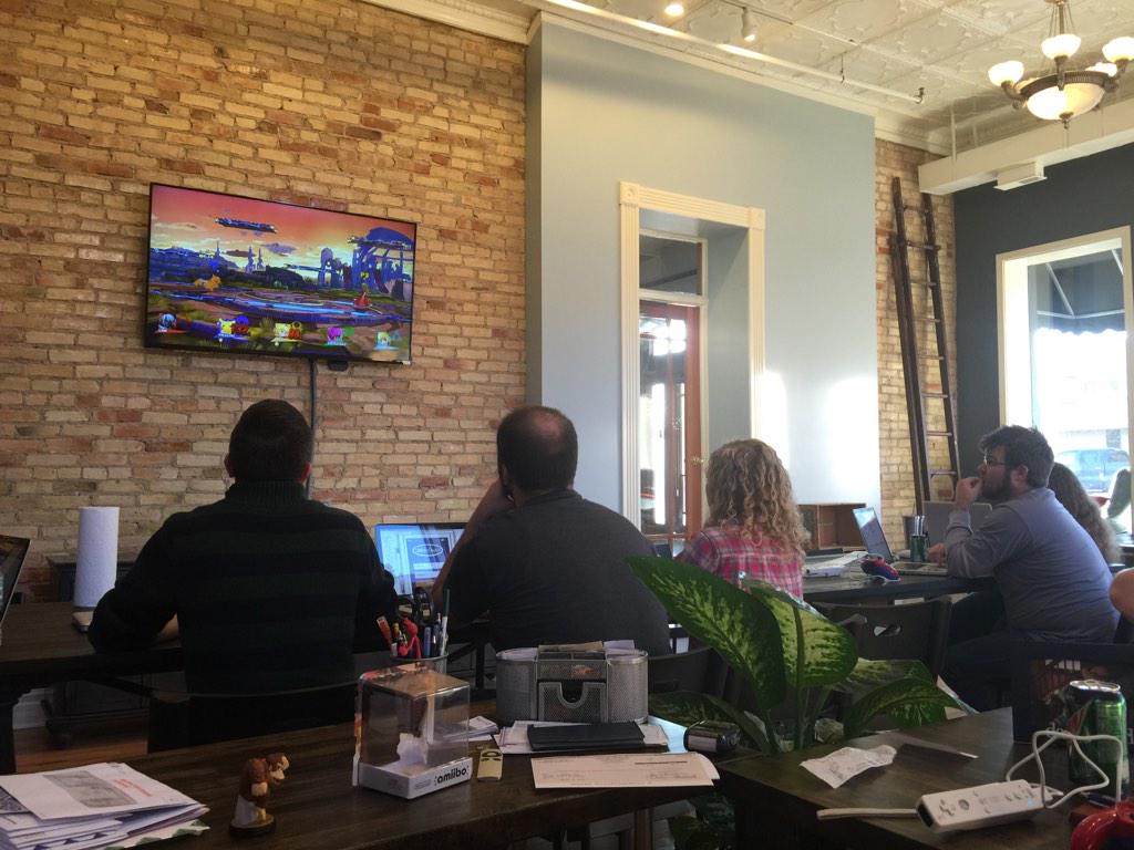 nice thing of running a business is forcing people to play video games with me. Super smash bros is awesome with 8