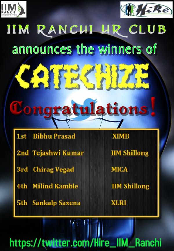 HiRe_IIM_Ranchi's tweet photo. Presenting the #winners of #Catechize 1.0 :-) Congratulations! @brainyshady @itejas5 @chirisco_O @kaaaMBA @sankitweet http://t.co/0KkoHAKwEB