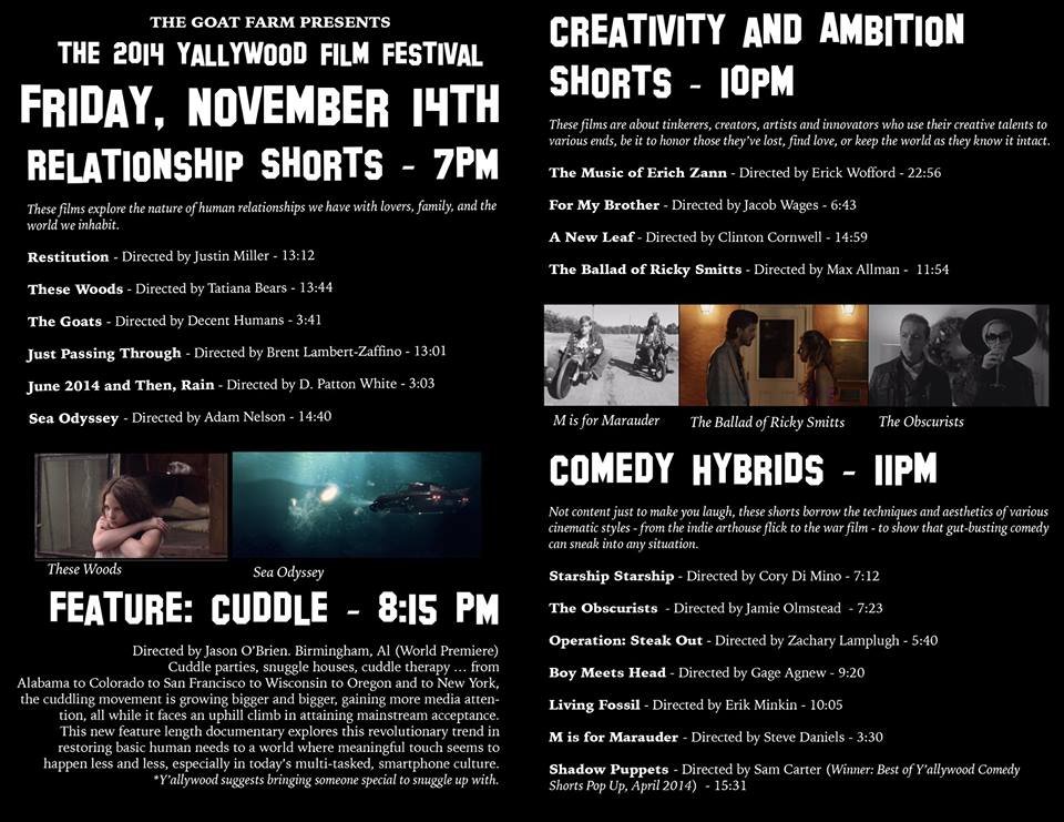 Tonight's <a href="/YallywoodFF/">Y'allywood Film Fest</a> schedule!  Time to head to Atlanta!  Be one of the first to see it at the <a href="/GoatFarmArtsCtr/">The Goat Farm</a>!