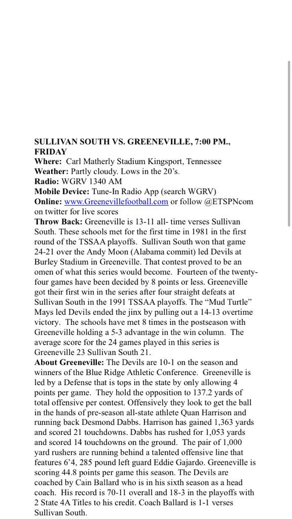 ETSPNcom's tweet photo. Greeneville hits the road again.  Pat Crum previews the Greene Devil playoff tilt.  #GoDevils http://t.co/vNIKK3fFpb