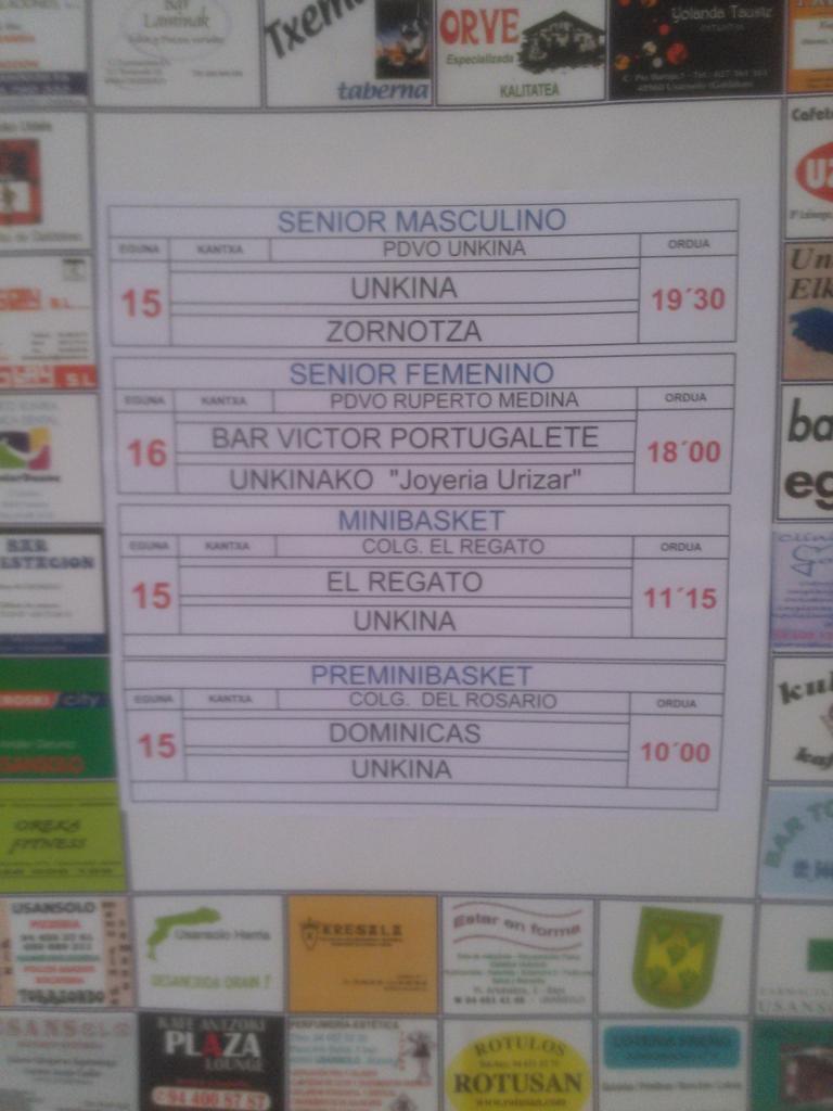 Cartelera de todos los equipos para este fin de semana. 
1,2,3 Unkina!!!