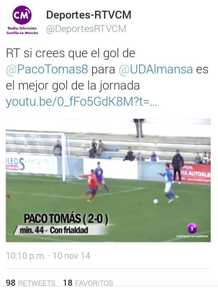 DeportesCMM's tweet photo. El mejor gol de Tercera de la última jornada es para....

@PacoTomas8 de @UDAlmansa http://t.co/sSb1yIOFyh http://t.co/YSCpQxCJeC