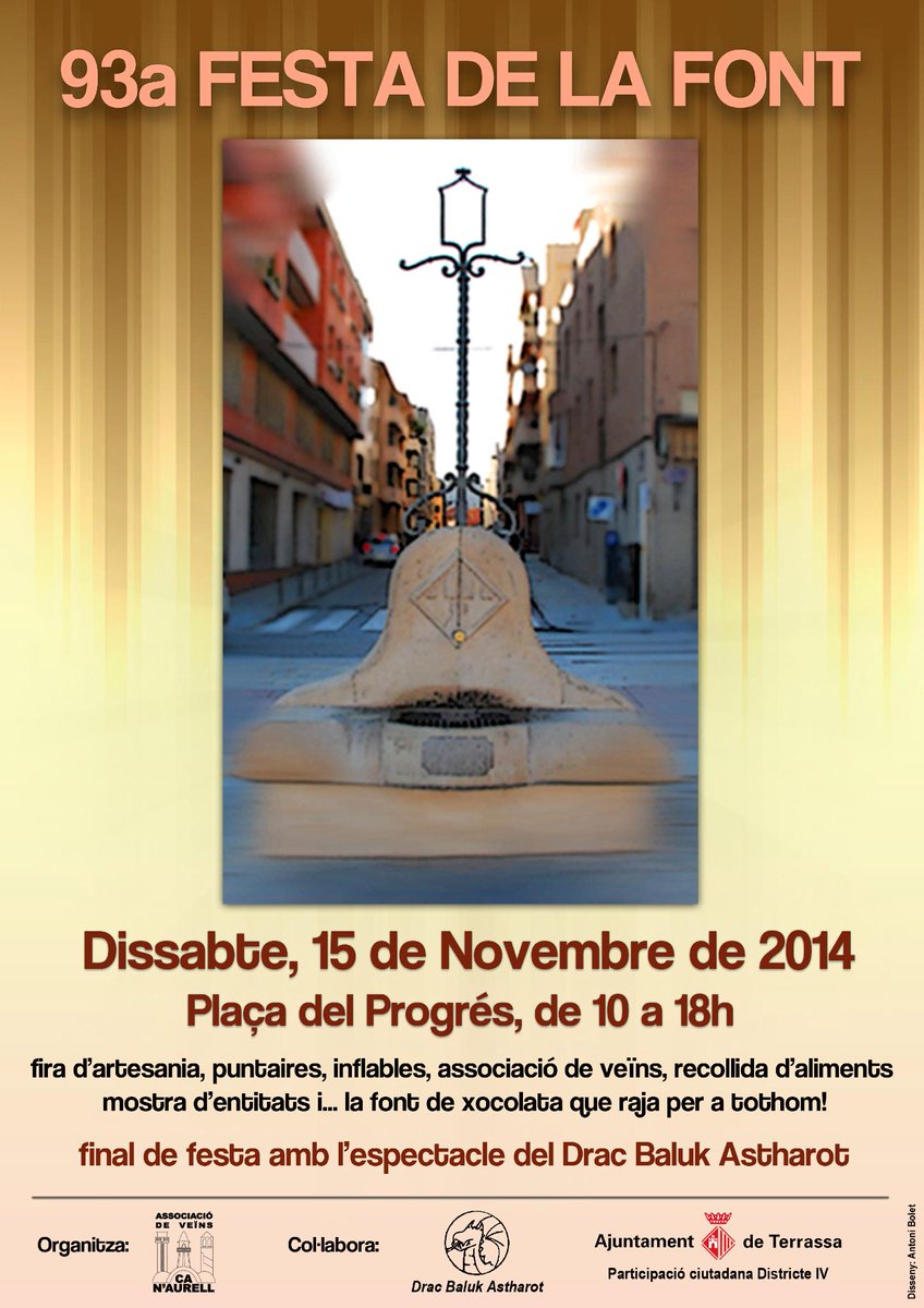 Demà fem la 93ª Festa de la Font! <a href="/CanalTerrassa/">Canal Terrassa</a> @Terrassa_mira <a href="/torrepalau/">LaTorre</a> <a href="/GrupNEWT/">Grup NEWT</a> <a href="/Terrassainforma/">Terrassa Informa</a> @TerrassaNotis