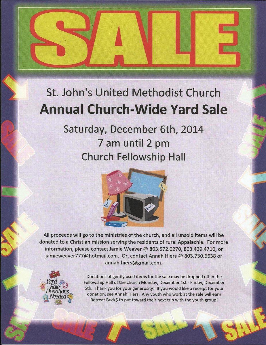 #ChurchYardSale #YardSale #GarageSale #RummageSale.  #SJyouth803 workers: #WinterSkiRetreat or @SCUMCREVOLUTION!