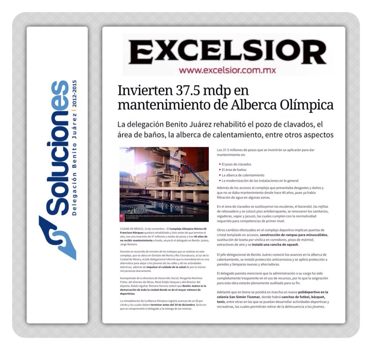 . <a href="/Excelsior/">Excélsior</a> "Invierten 37.5 mdp en mantenimiento de #AlbercaOlímpicaBJ" excelsior.com.mx/comunidad/2014… #SolucionesBJ