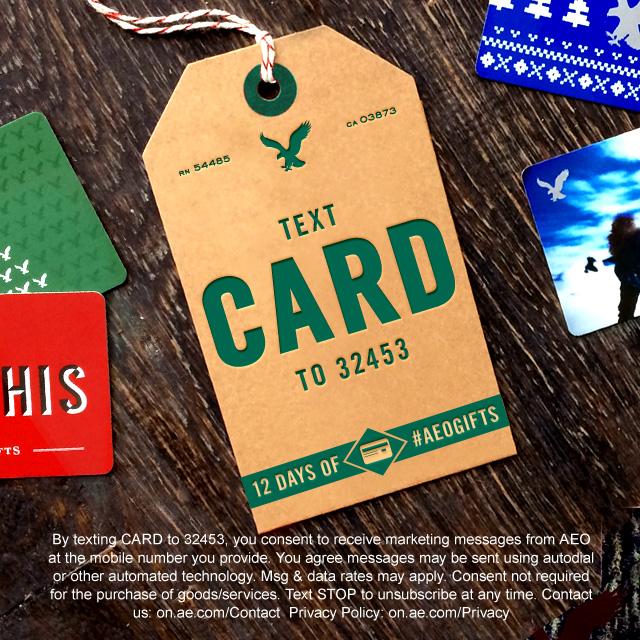 AEO's tweet photo. Text CARD to 32453 for a chance to win a $250 AEO Gift Card! Official Rules: http://t.co/kbrb2tzBXG #AEOGIFTS http://t.co/YDn0AU4fIx