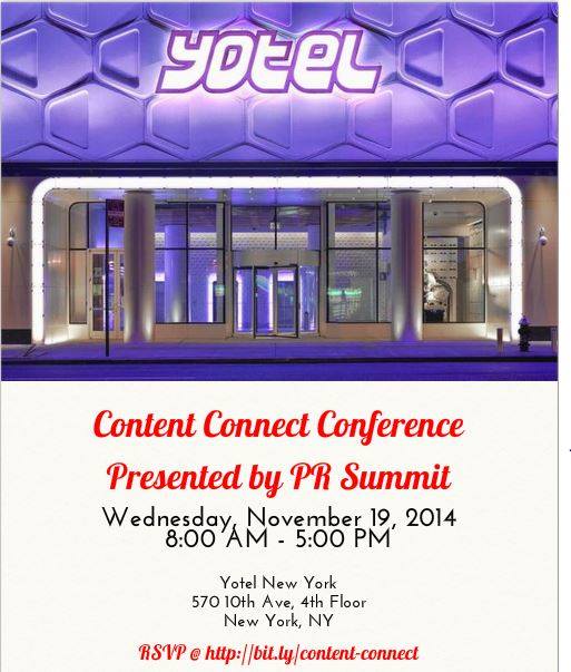 prsummit's tweet photo. #ContentConnect NYC Nov. 19 http://t.co/1S4zIAgmCi
@Spark_PR, @standingpr, @taylorstrategy, @text100, @DailyBrew http://t.co/nHCPtAD34y