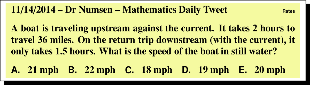 DrNumsenMath's tweet photo. Boat in a river problem today!  #UILMath Answer: http://t.co/o51DH85nwK http://t.co/37JfLC9Z1H