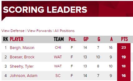 USHL's tweet image. Current top #USHL scorers are @HSEliteHockey alumni #DevelopmentPath @MasonBergh @BBoeser16 @TSheehy22 @adamjohnson_7