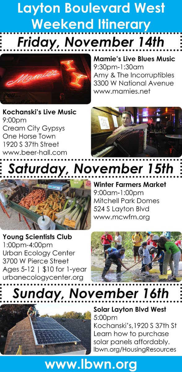 Check out the @laytonblvd list of fun weekend events! <a href="/ConcertinaBar/">Andy Kochanski</a> @MilwaukeeShines <a href="/visitmilwaukee/">Visit Milwaukee</a> <a href="/urbanecology/">Urban Ecology Center</a>