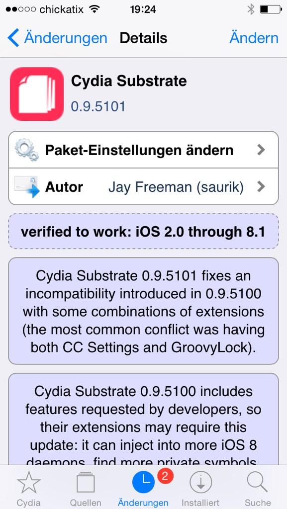chickatix's tweet image. Cydia Substrate 0.9.5101 fixes an incompatibility introduced with some combinations of extensions
#update #ccsettings