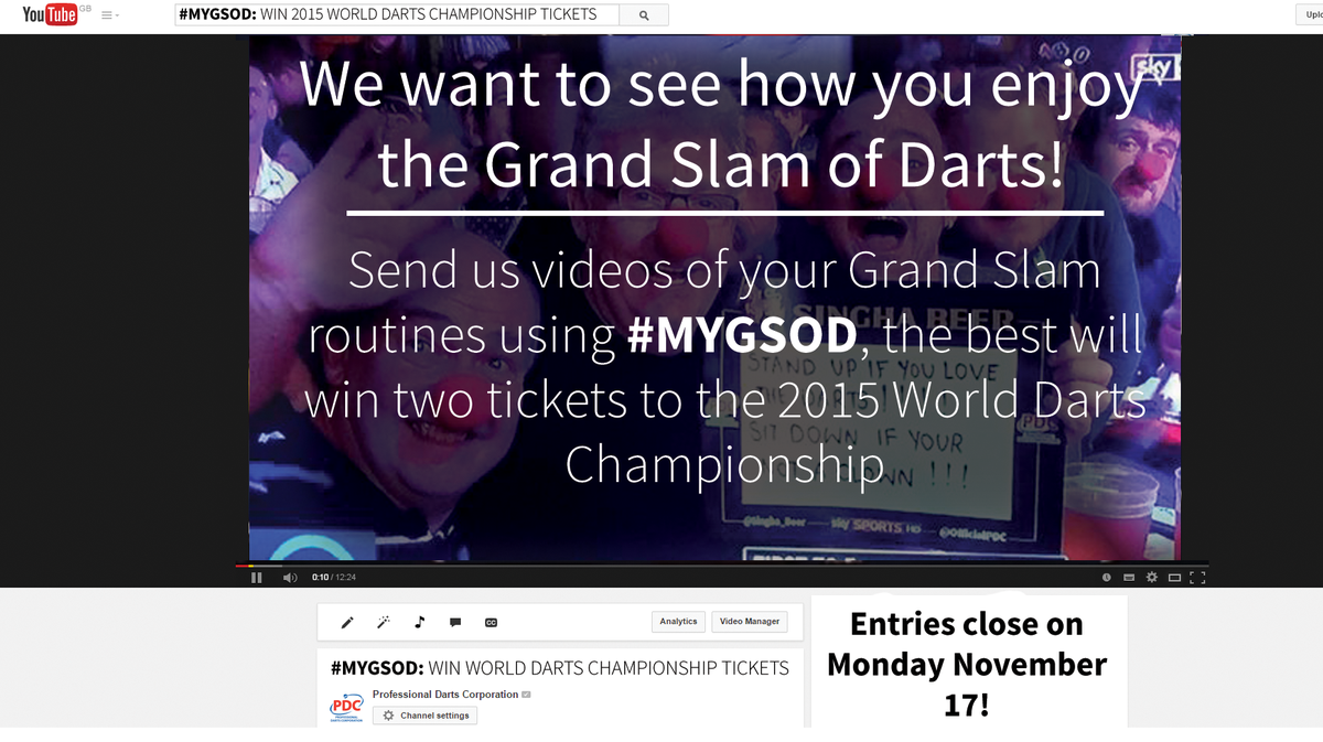 OfficialPDC's tweet photo. WIN: How are you watching the Grand Slam tonight? Send us a video using #MyGSOD to win two World Champs tickets! http://t.co/N9xojEY4lW