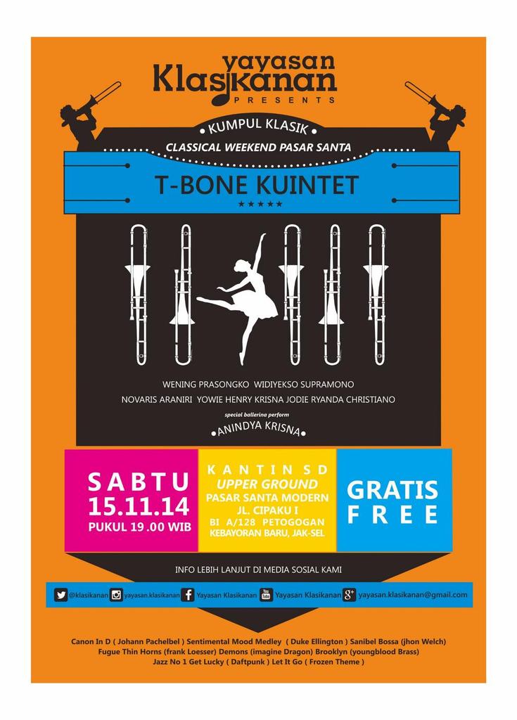 Saksikan jg penampilan trombone kuintet dr <a href="/klasikanan/">Yayasan Klasikanan</a> &amp; balerina cantik <a href="/anindochka/">Anindya Krisna</a> jam 7 malam di #pasarsanta
