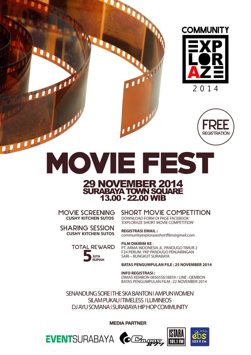 eventsurabaya's tweet photo. Movie Fest #CommunityExploraze2014 | 29 Nov'14 @ Sutos Surabaya | 13.00 - 22.00 | CP: 085655618859 / @CommExploraze http://t.co/ycL49BIfx7