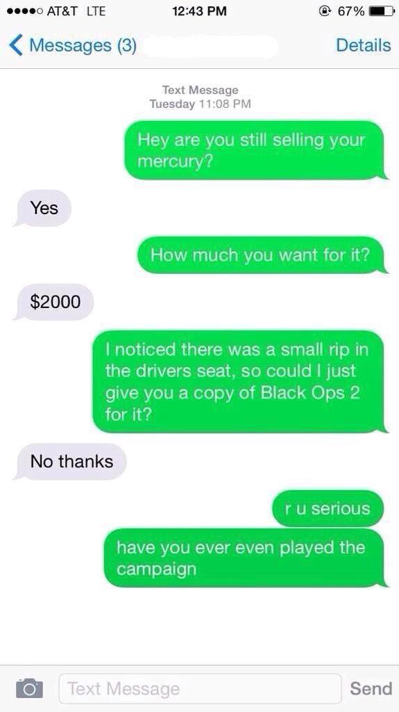 FunnyTextings's tweet photo. In my spare time I text people off craigslist and give them really shitty offers for their cars 😂 http://t.co/5OSDxv56FM