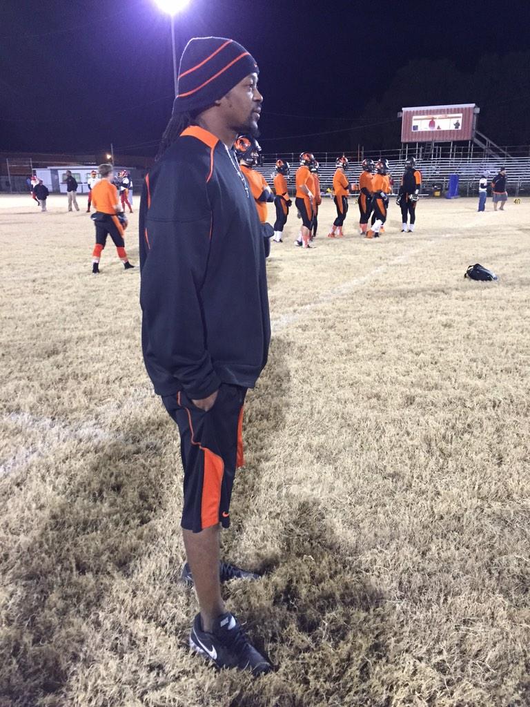 CalhCoJournal's tweet photo. Coach Rob Fox working the shorts. Who's cold? #CalhounCity http://t.co/1lSe0yeXr8
