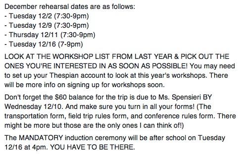 GHSThespians's tweet photo. Rehearsal dates for "The Apple" as well as conference info! http://t.co/yFgd62RPHm