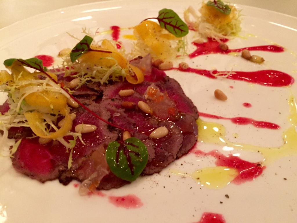 DCChefJames's tweet photo. Venison Carppaccio, cranberry jus, horseradish gelee, shaved butternut squash, sorrel! http://t.co/rGqPfgOVGB